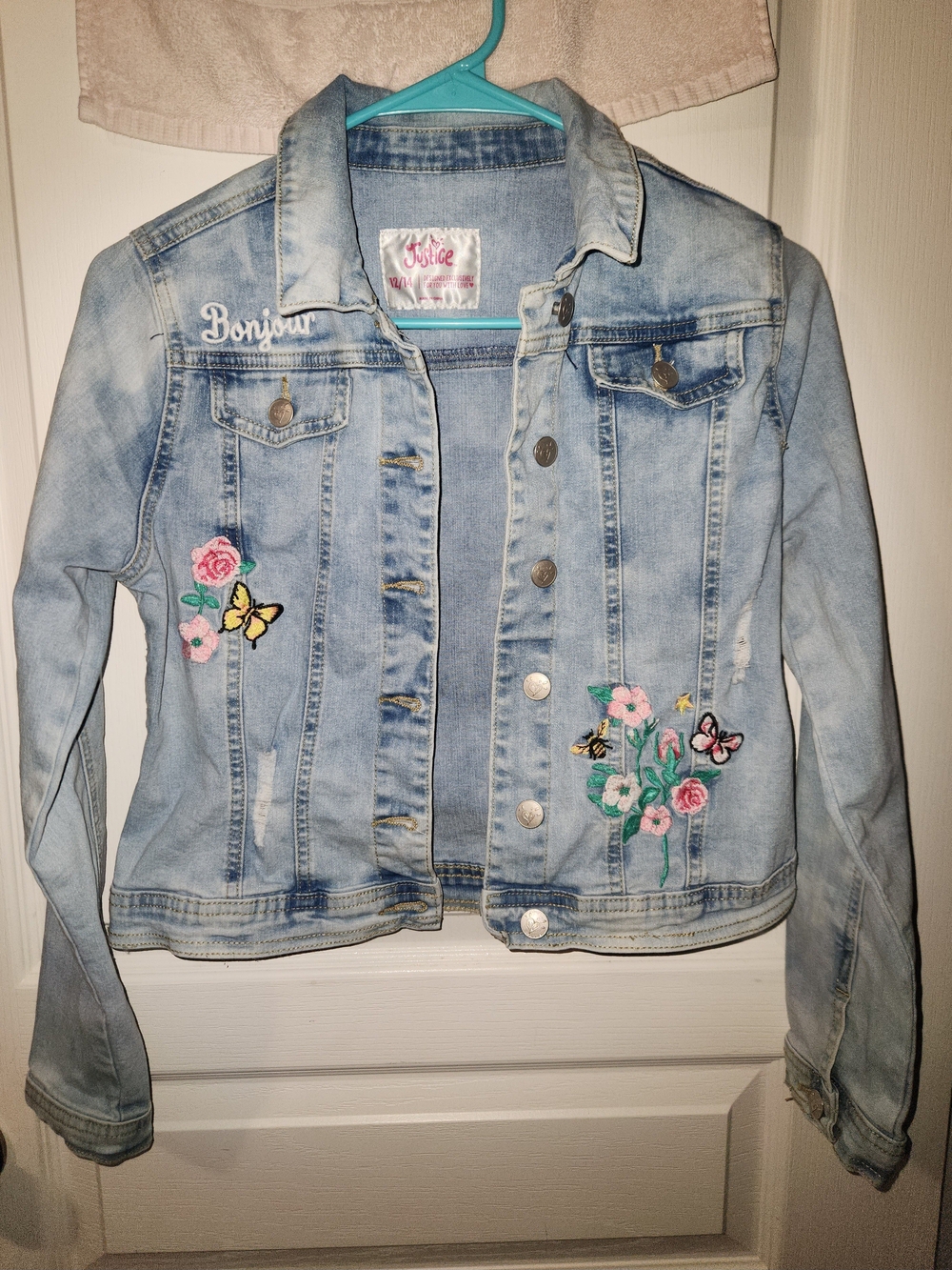 Justice Light Blue Embroidered Floral & Butterfly Denim Jacket